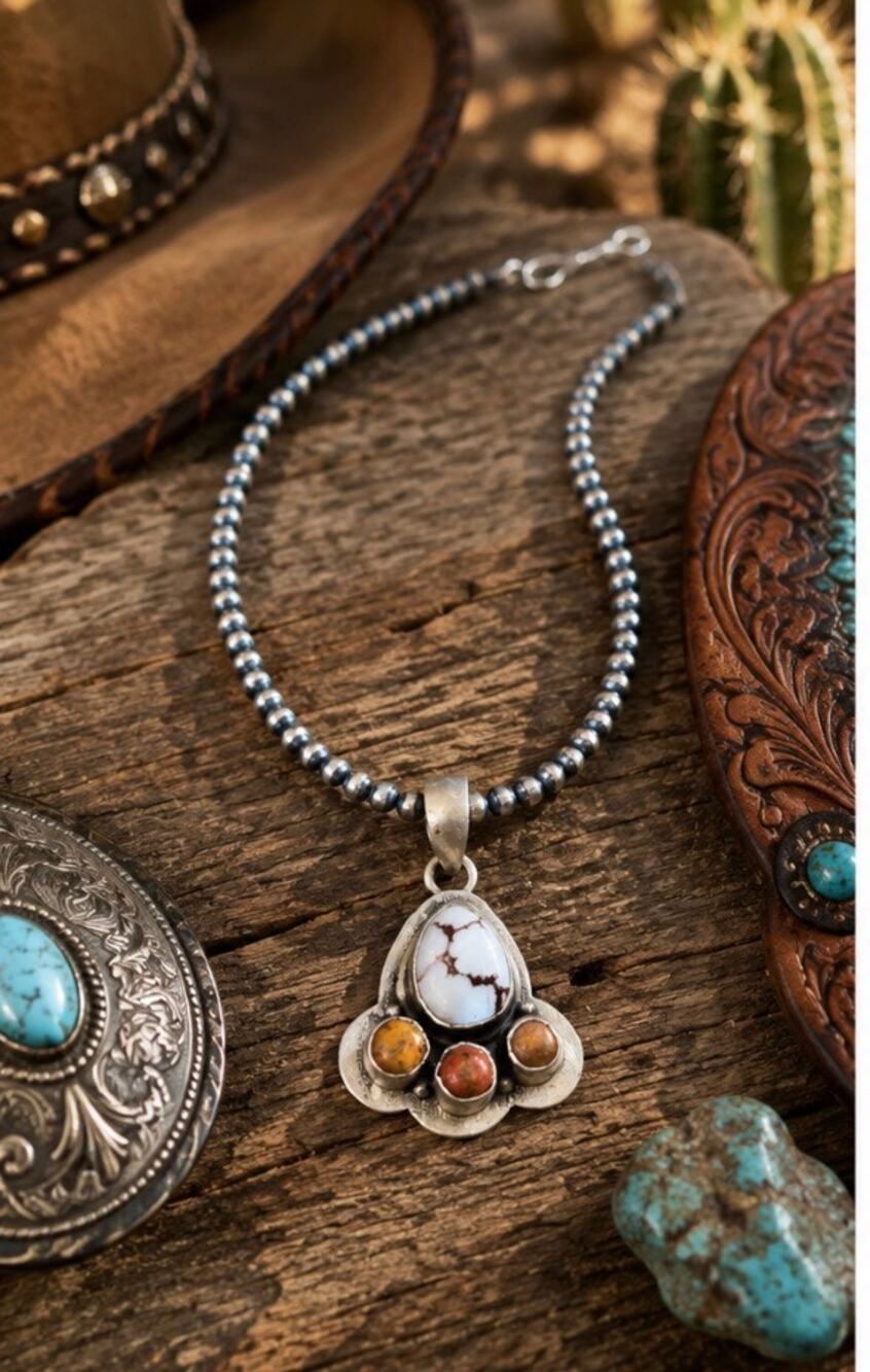 White Buffalo Turquoise Brown/ Copper Jasper Accent Stone Pendant on 16" 3mm